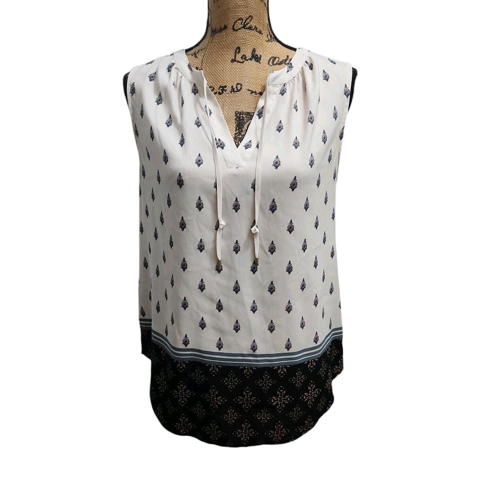 Ann Taylor Womens Size M Tunic‎ Top White Sleeveless Keyhole Tie Front